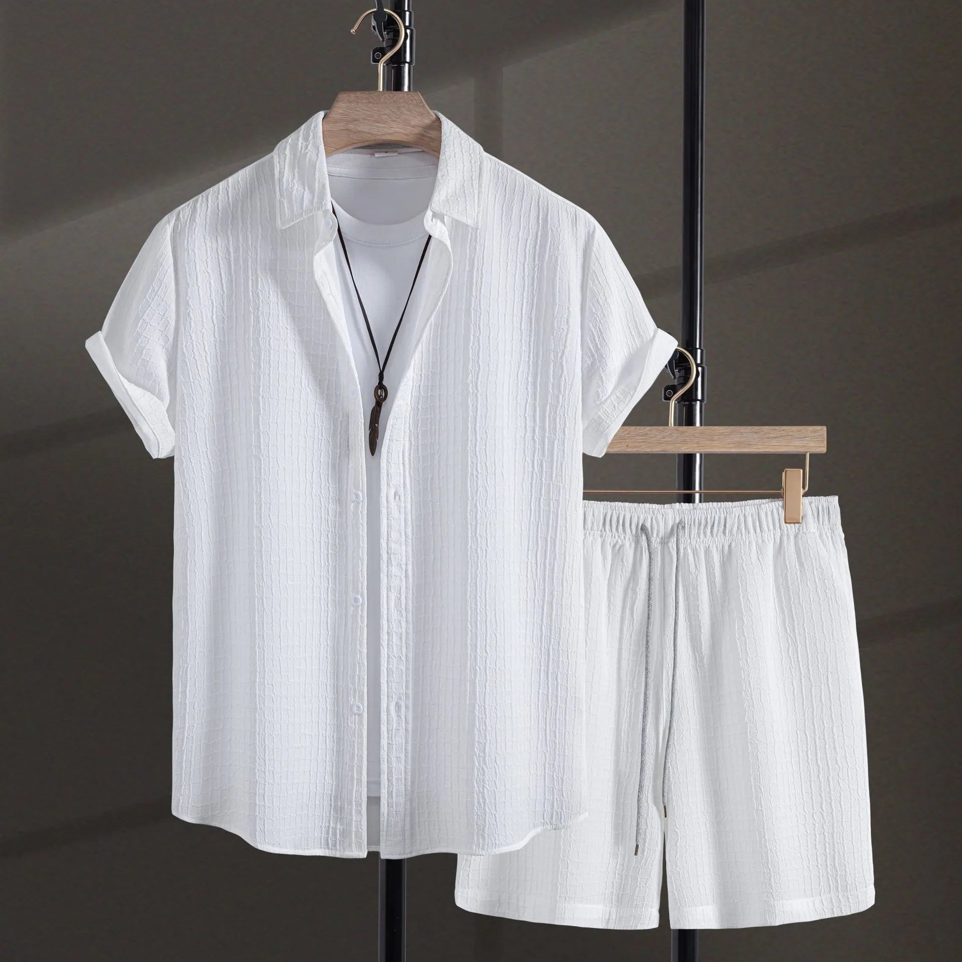 Men's white cotton blend jacquard short sleeve shirt with matching casual shorts