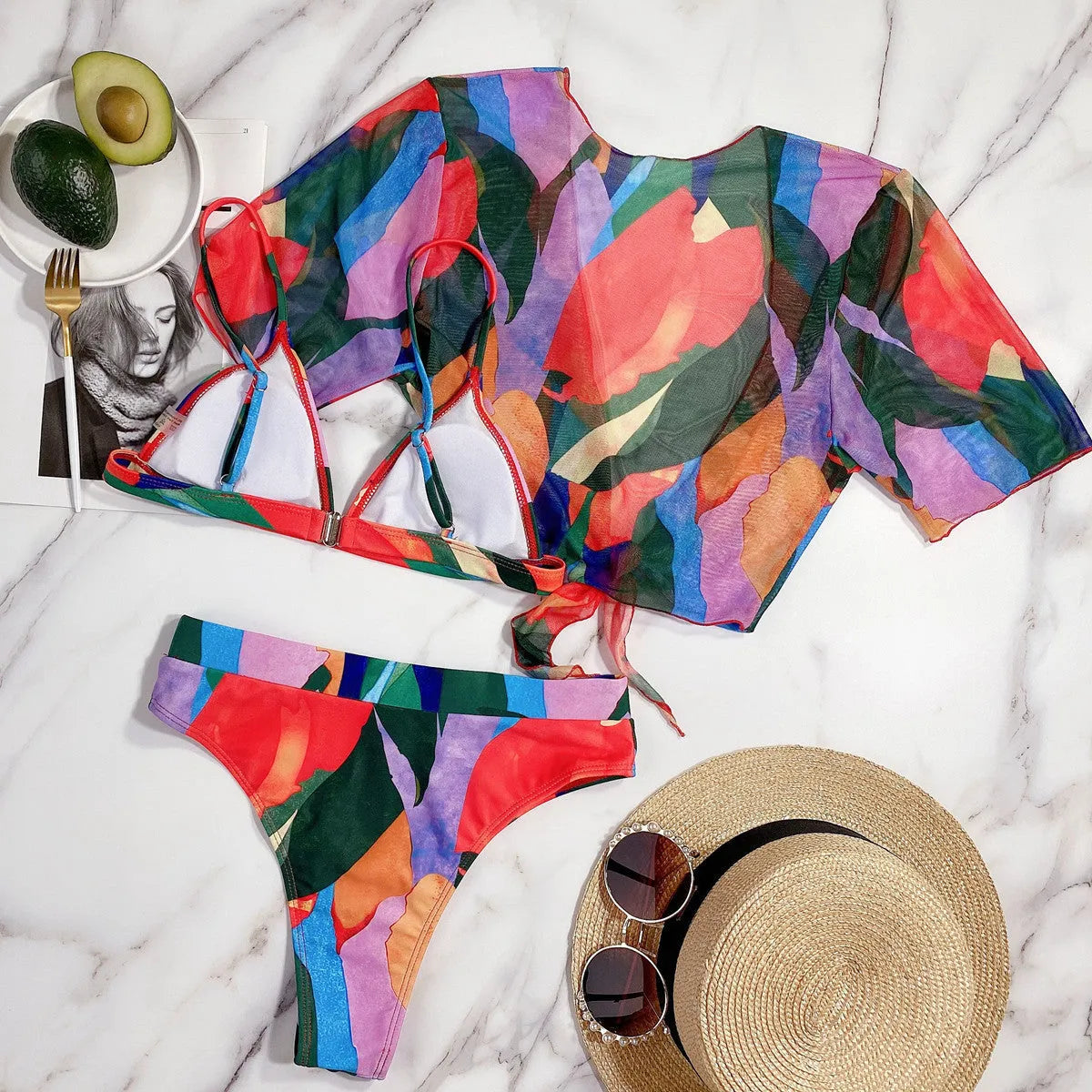 Red women's split swimsuit with printed pattern in nylon fabric for swimming sports