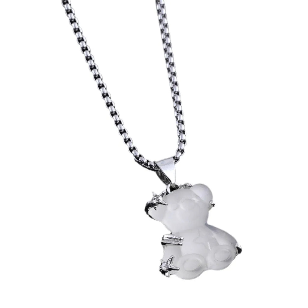 White K-color alloy bear pendant on titanium steel lock chain necklace