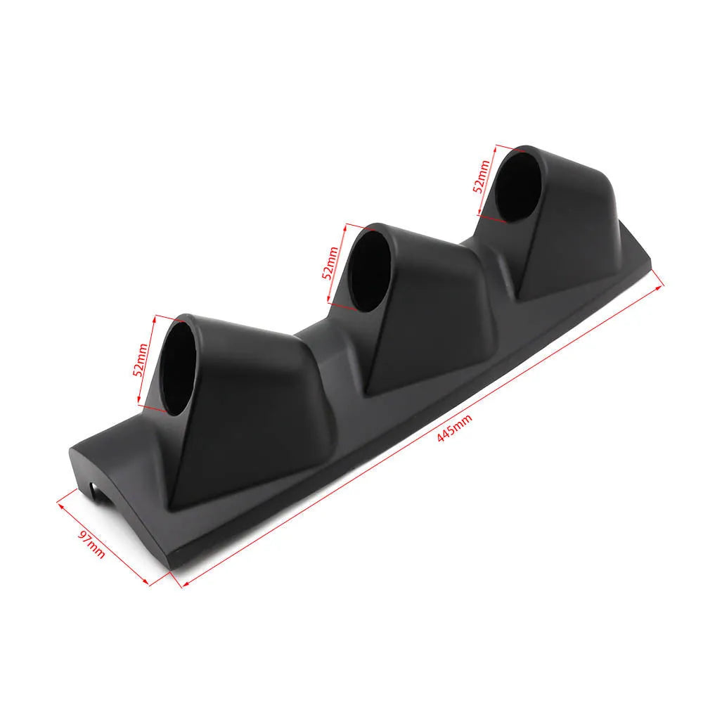 Black ABS instrument mounting bracket for 52mm gauges with three-hole right-drive pattern