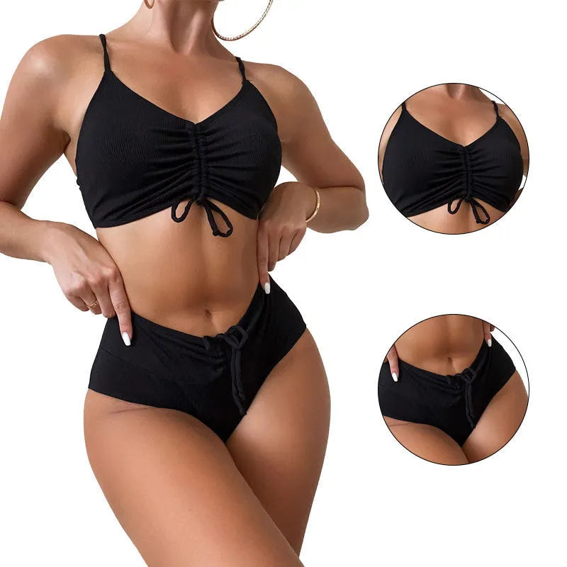 Black women's bikini swimsuit with high waist sling split bottoms and sleeveless top