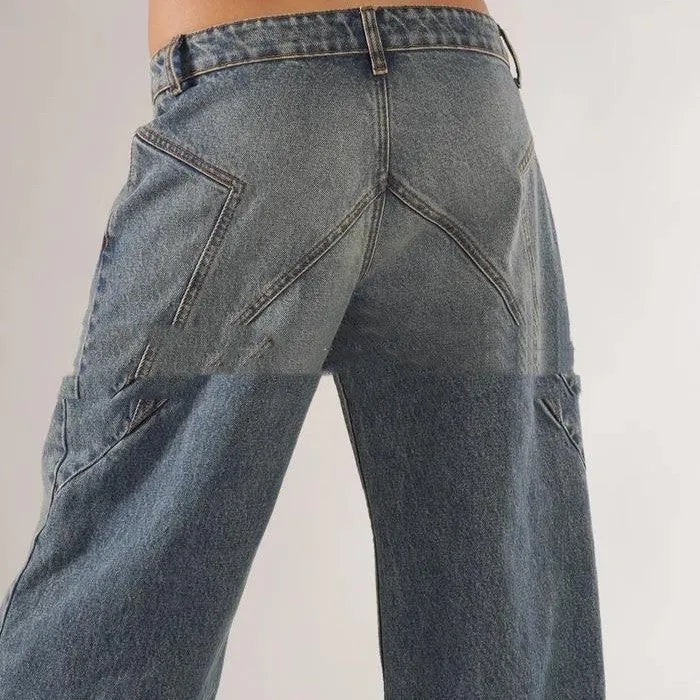 Women's cotton loose wide leg trousers in blue with splicing details
