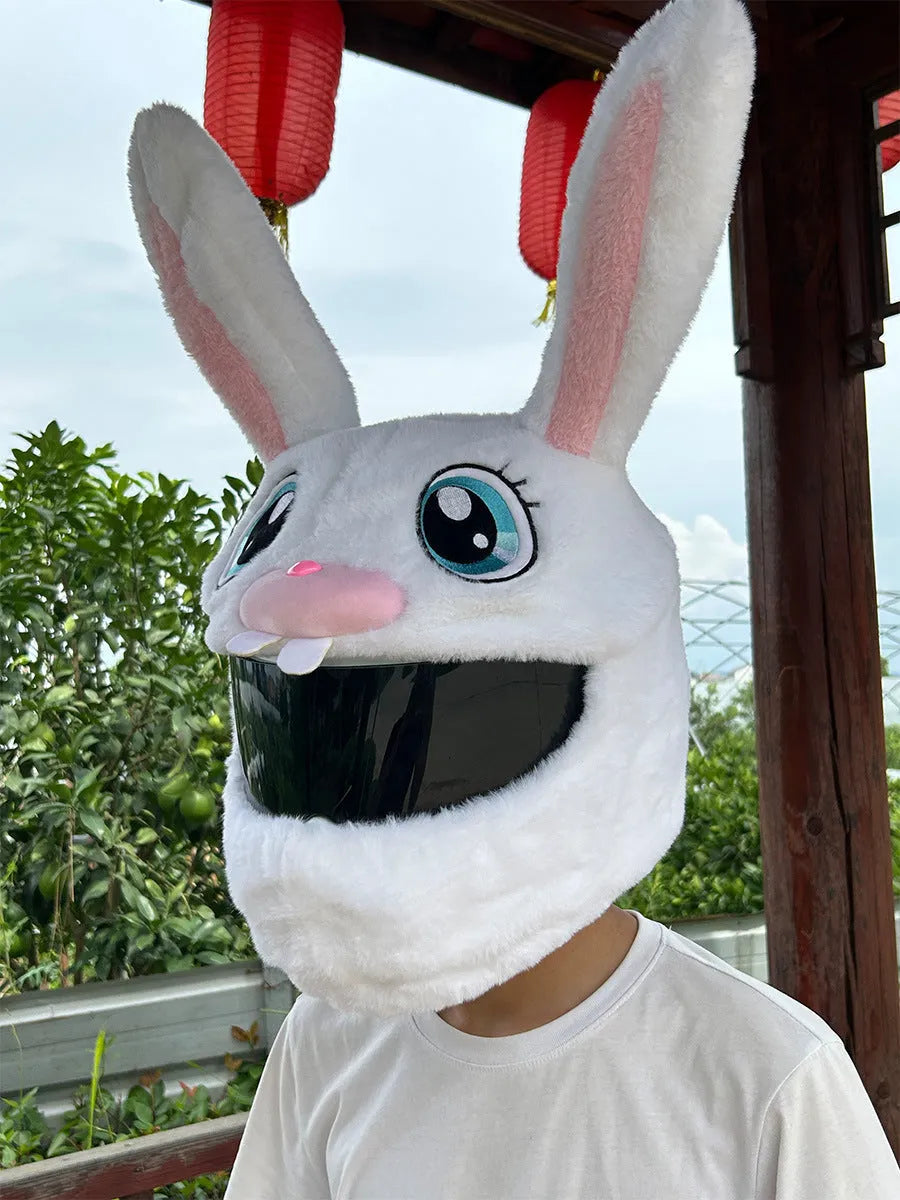 Decorative rabbit head helmet cover in long eared white design for electric motorcycle commuting