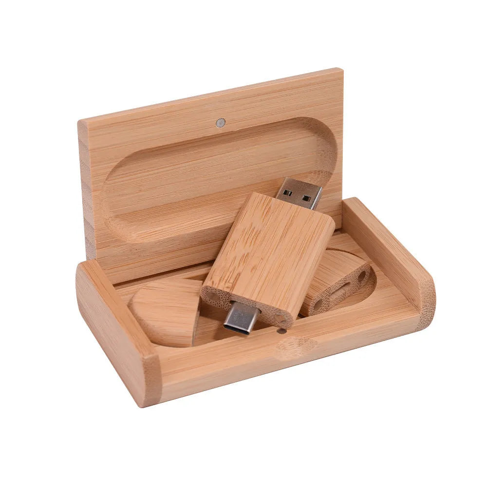 Carved wooden box-shaped USB flash drive with TYPE-C phone connector on display
