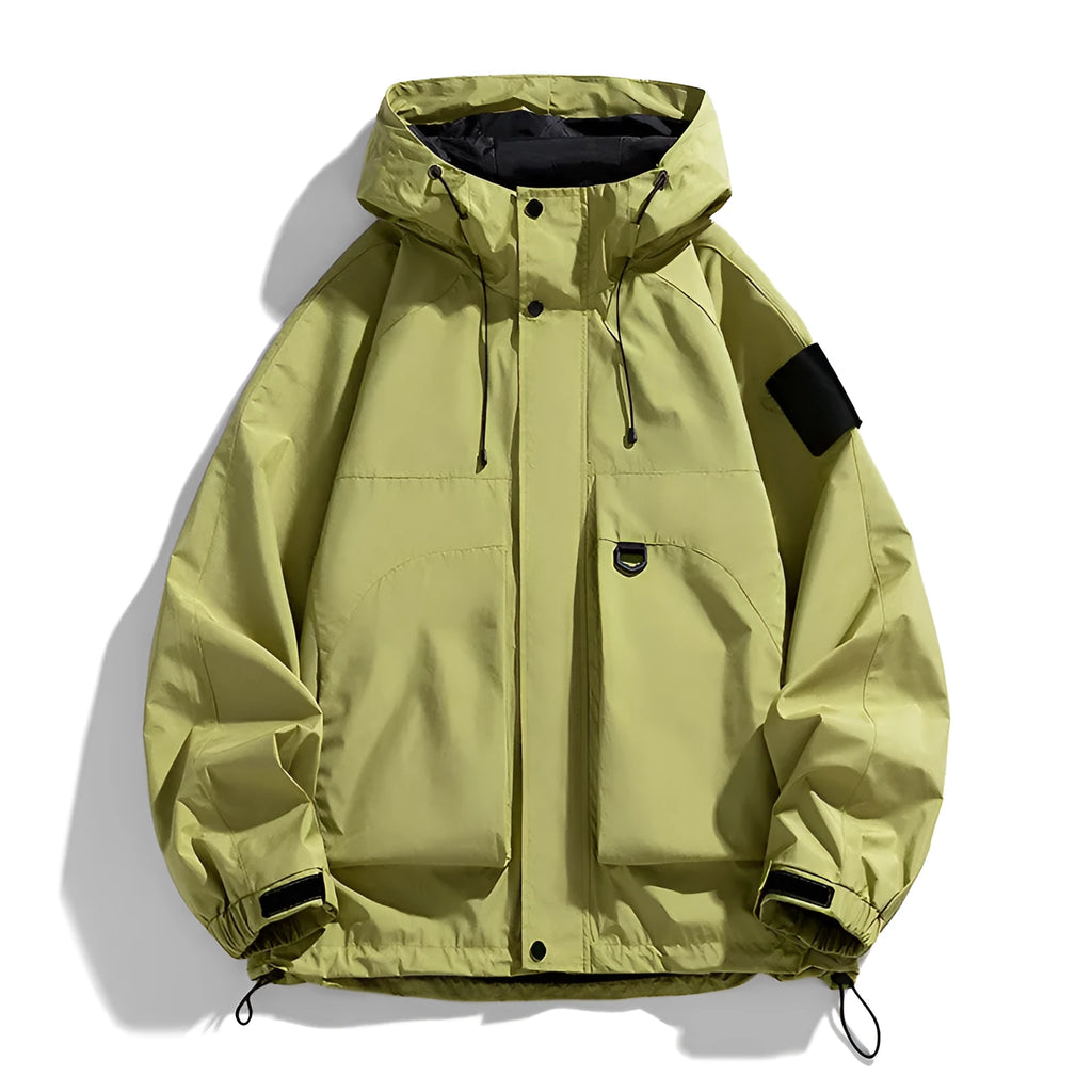 Men's black waterproof windproof hooded jacket showing long sleeves and regular length