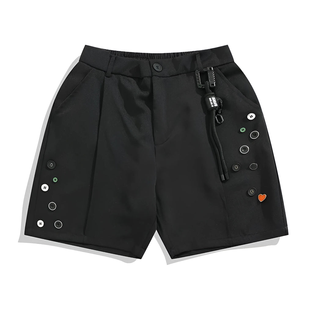 Black men's loose semi-elastic shorts with a colour button and zip fly, straight-leg above-the-knee length.
