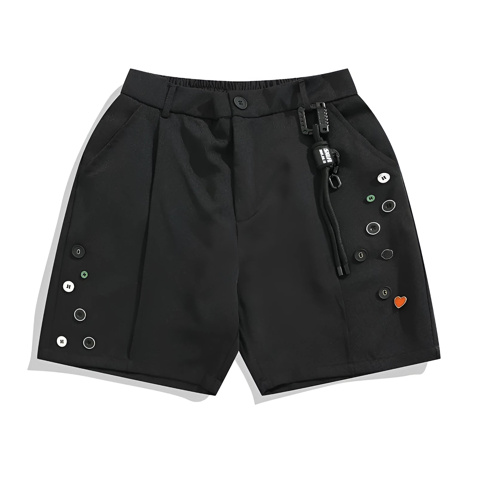 Black men's loose semi-elastic shorts with a colour button and zip fly, straight-leg above-the-knee length.