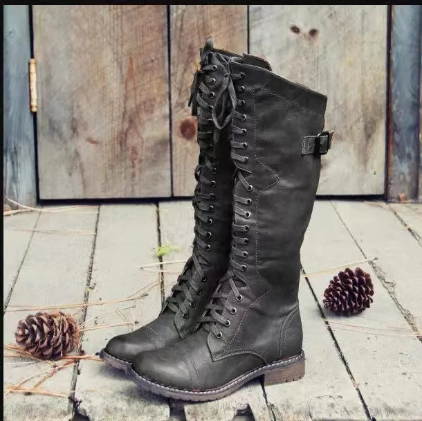 Women's black chunky low heel ankle boots with round toe and high shaft design