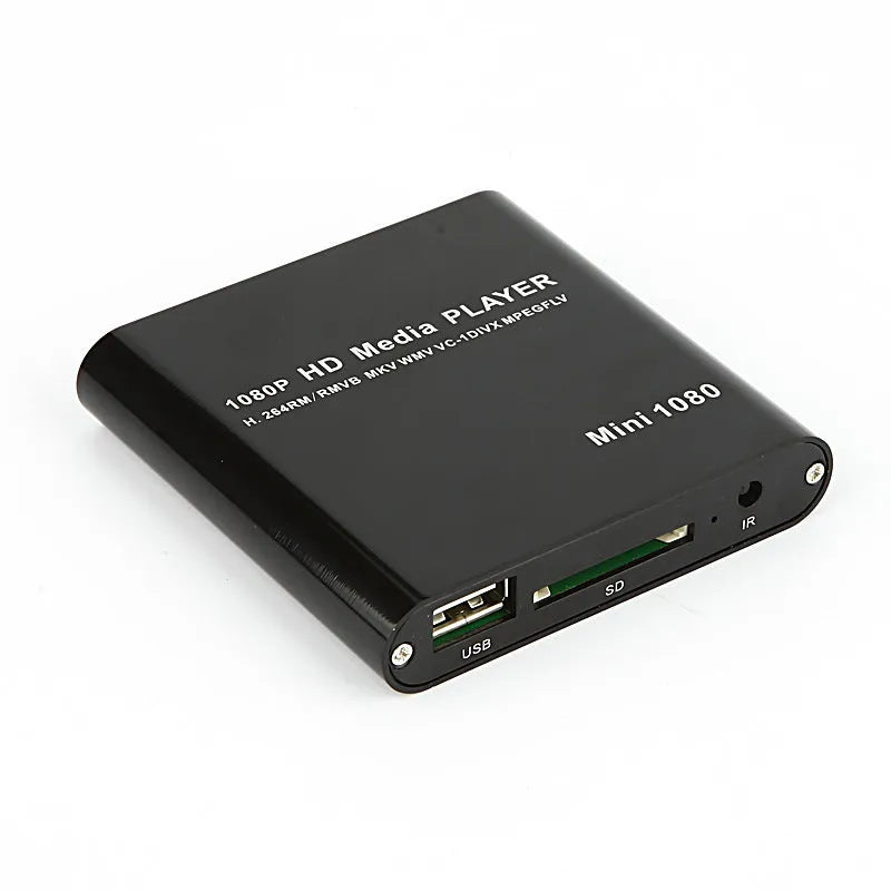 Compact black 1080P Full HD media player with ports for HDMI, USB, SD card, and power.