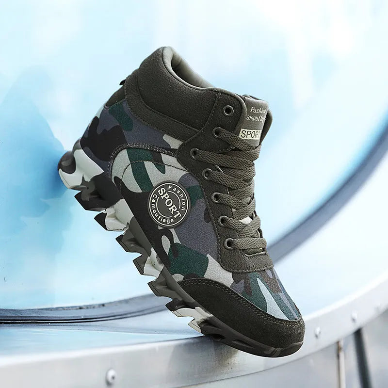 Women's green camouflage canvas sneakers with increased sole height and rubber outsole