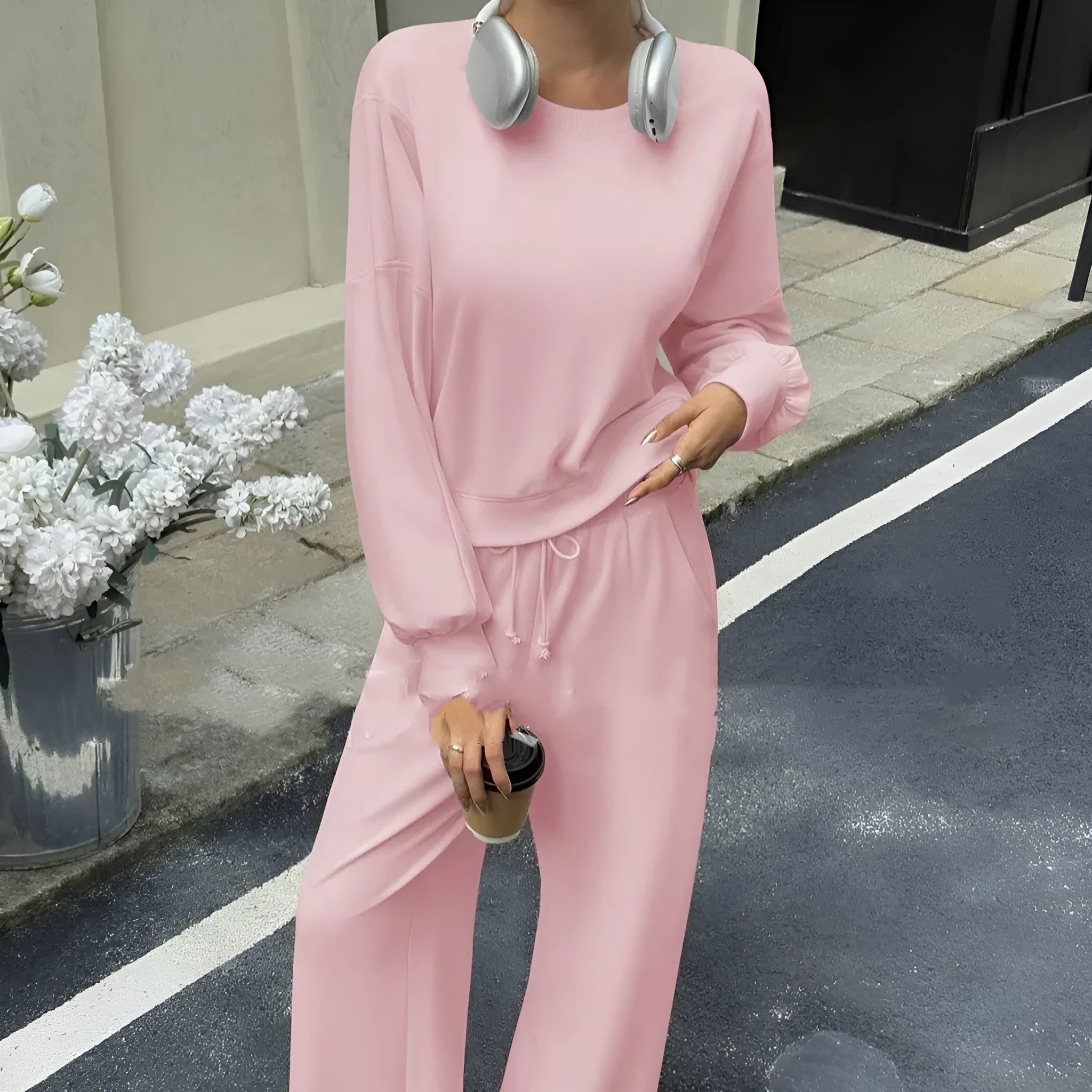 Women's solid colour two-piece set with long sleeves and trousers in street hipster style