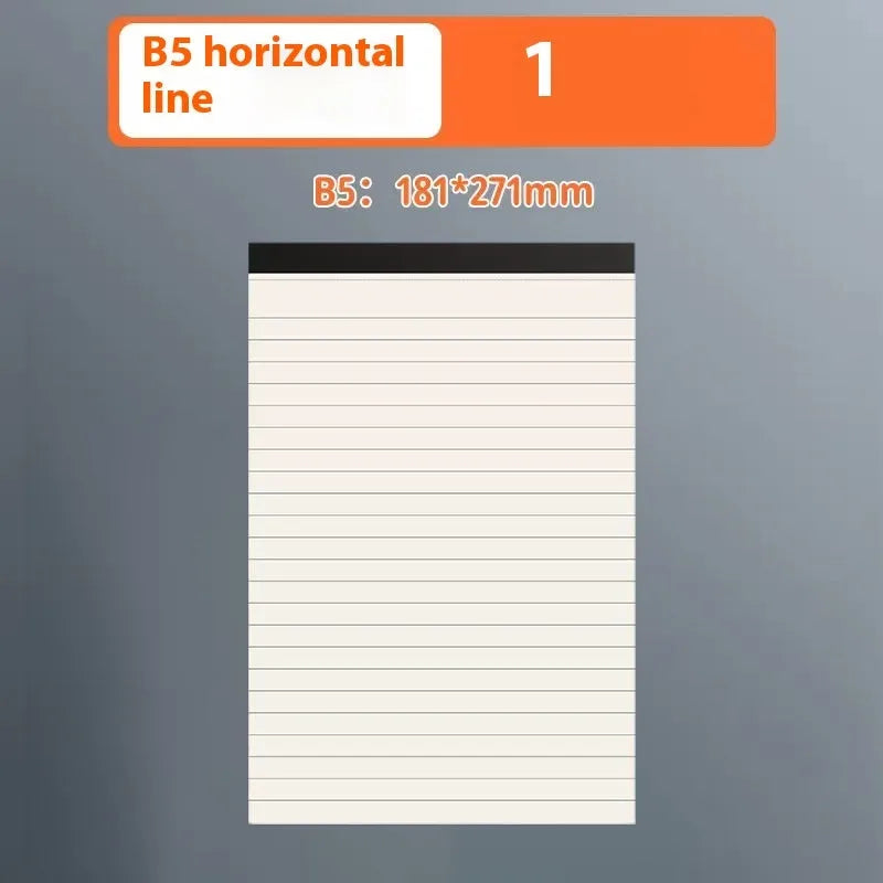 A5, B5, and A4 writing pads with 80 sheets, available in blank, grid, or horizontal line rulings.