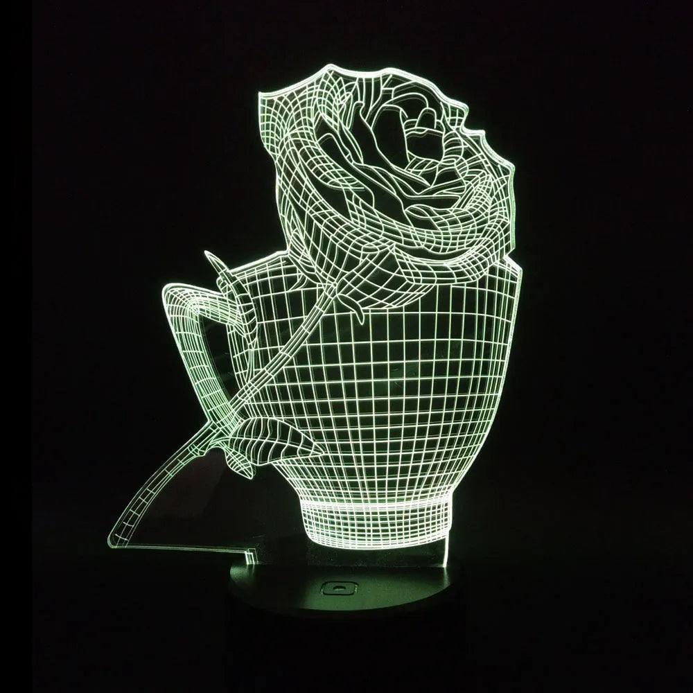 3D rose-shaped LED night light with remote control on a table, displaying a purple glow.