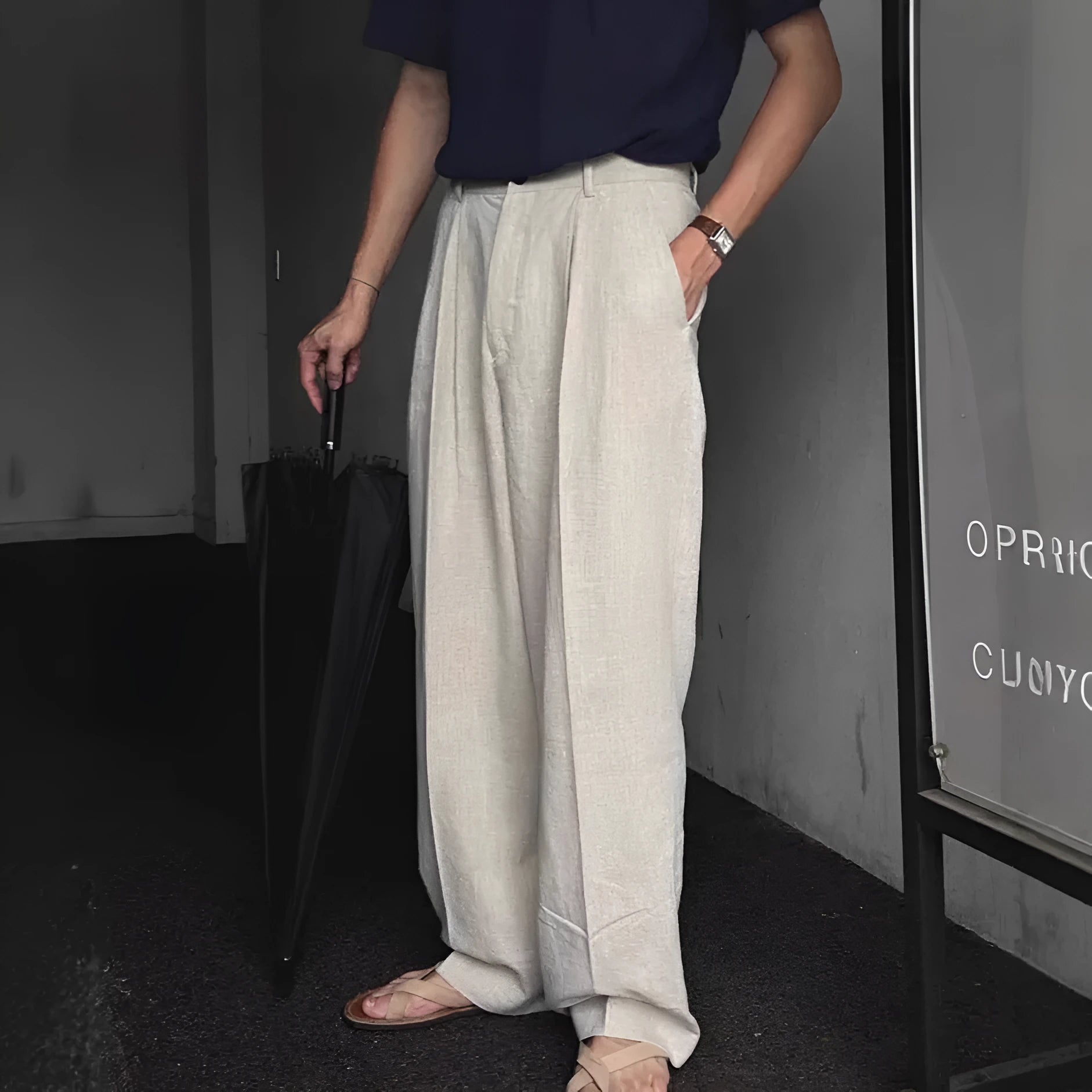 Men's wide-leg cotton linen trousers in apricot colour with elastic waist and pencil leg opening