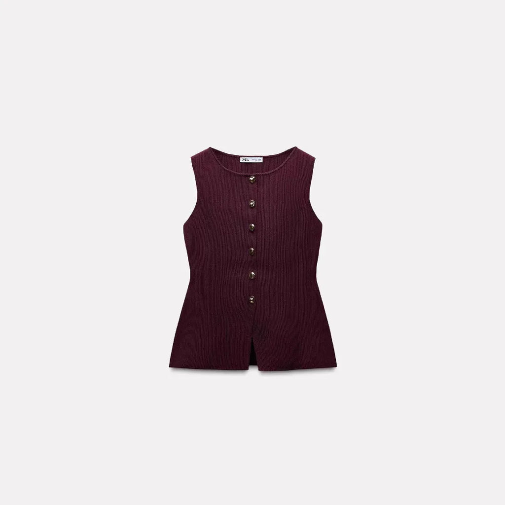 Women's dark red slim fit viscose vest with gold buttons and a textured 3D pattern, shown on a hanger.
