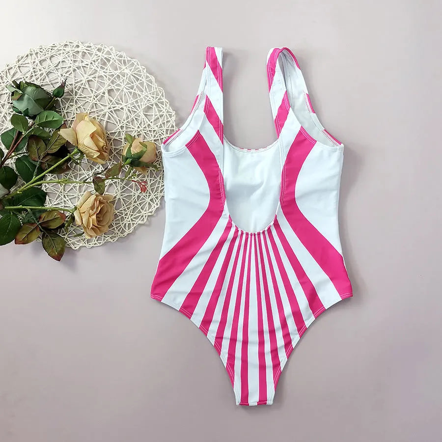 Pink striped women's one-piece swimsuit with digital front and rear printing