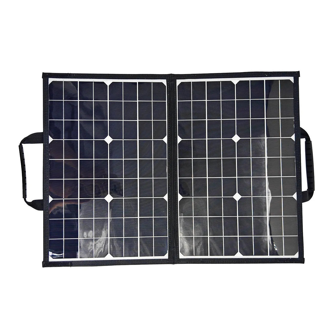 Black 40W single crystal solar panel folded in carrying bag with dimensions 425x285x8mm