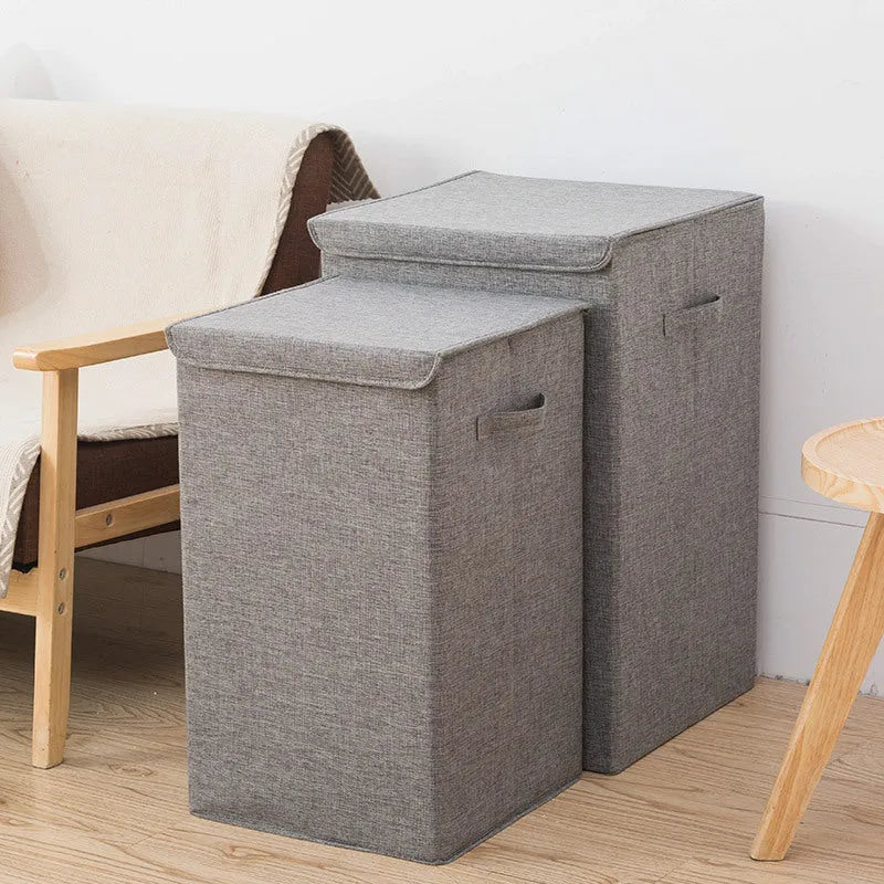Three-dimensional foldable cotton linen storage basket in grey khaki or brown for clothes and books