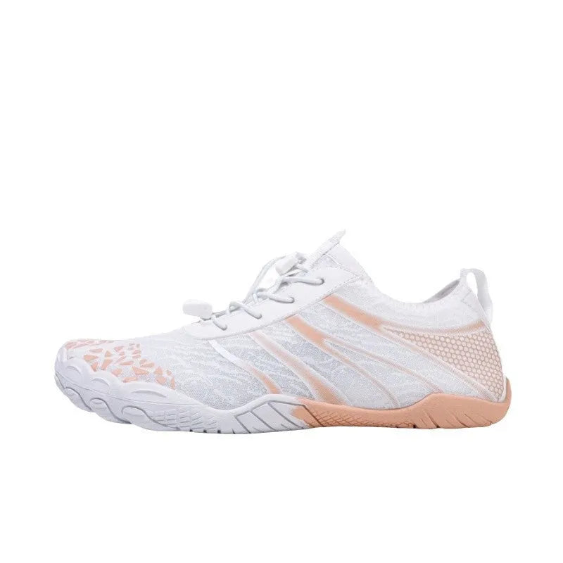 Unisex casual beach running shoes with Lycra stretch fabric uppers in beige colour.