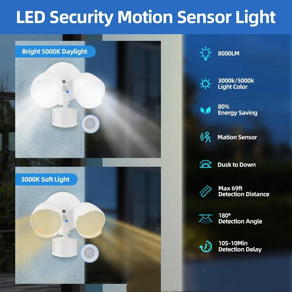White 120V LED human body induction security flood light showing wall mount bracket and dimensions.