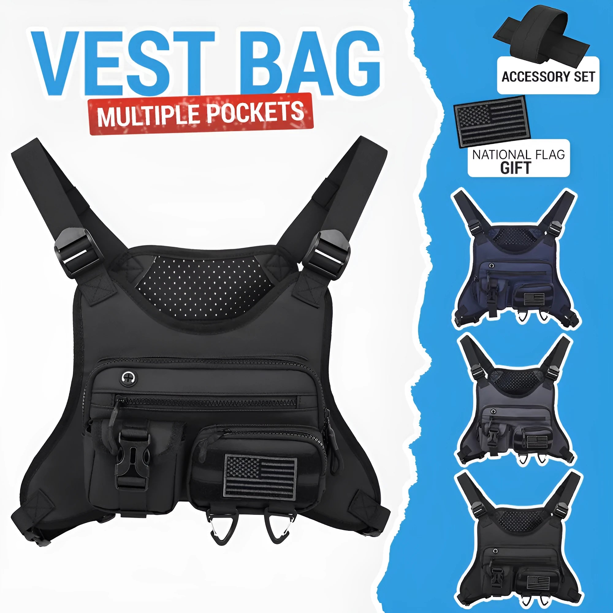 Men's outdoor chest bag in oxford cloth with sewing line details, shown in black, blue, and grey.