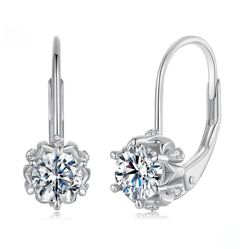 Silver flower bud ear clip earrings with moissanite stone and white gold plating