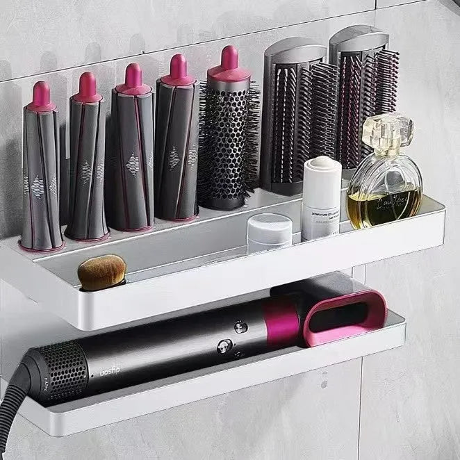 White aluminium bathroom storage rack with Marcel waver shape for hair curler organisation