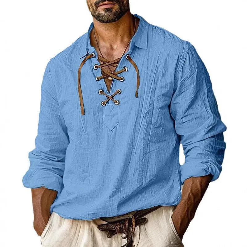 Men's loose fit long sleeve shirt with lapels and lace detail in a blue cotton-linen fabric.