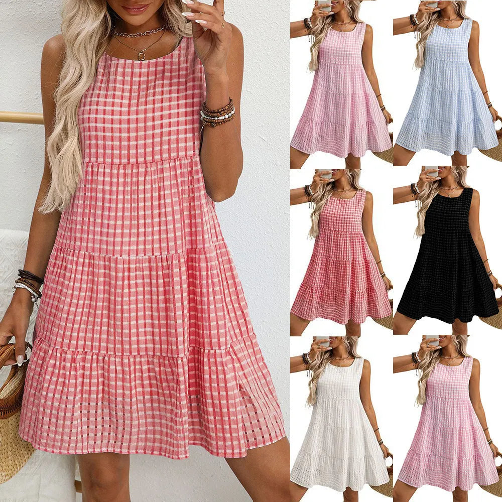 Women's loose-fit sleeveless plaid dress with a high waist and flowing swing skirt.