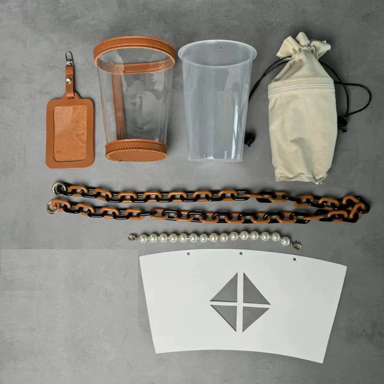 Set of three brown PVC bucket bags with chain crossbody straps, displayed together showing Brown 1, Brown 2, and Brown 3 shades.