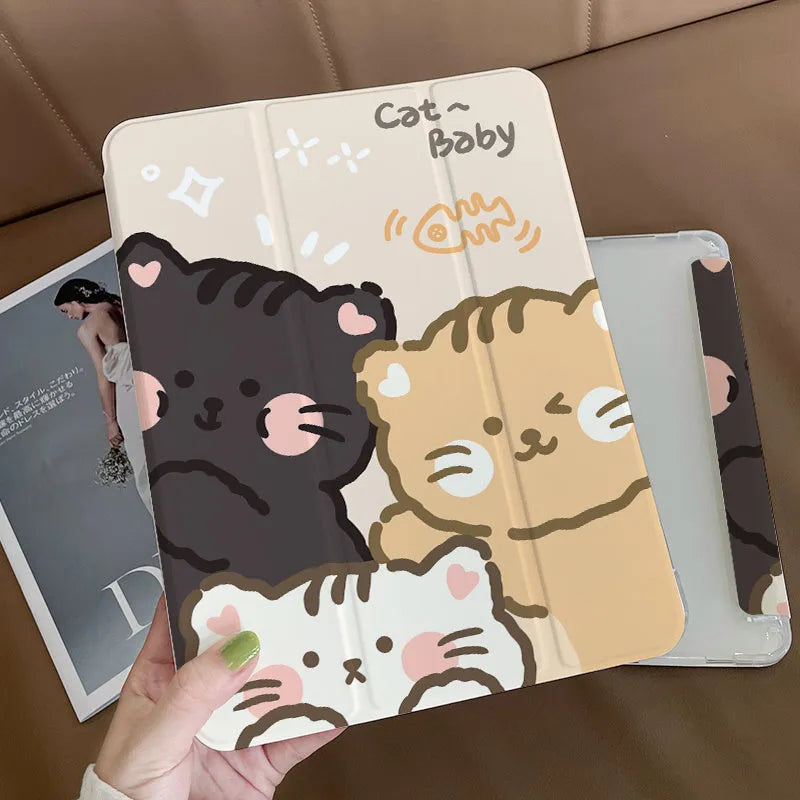Silicone tri-fold iPad protective case with cartoon rabbit design shown open as a stand