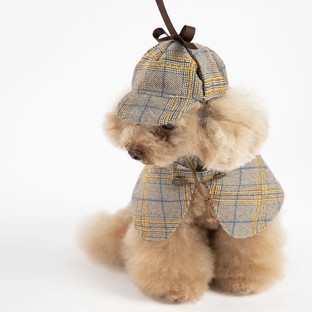 Camel-coloured cotton cloak for a pet with an adjustable hat, shown in a detective suit style.