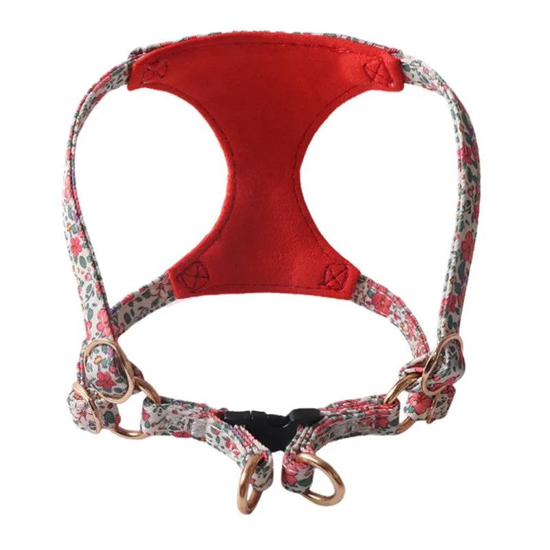 Floral pattern pet harness suit with matching leash in cloth material showing size options