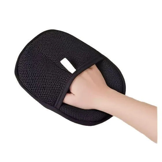 Black pet hair removal glove with silicone bristles for deshedding dogs and cats