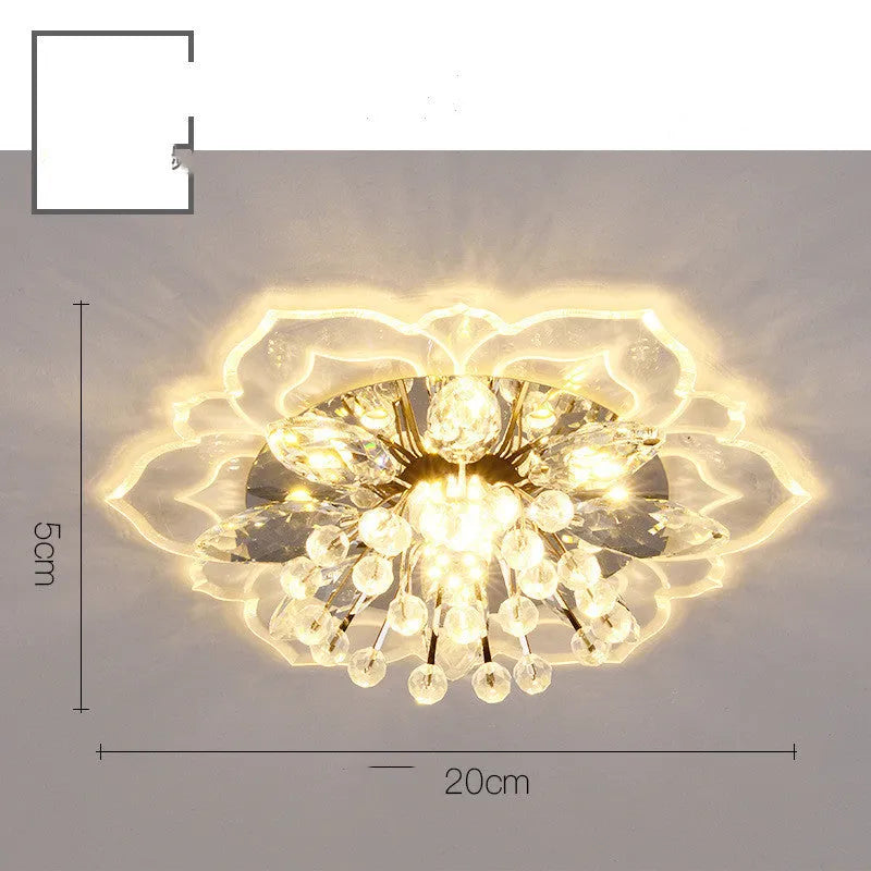 Small modern crystal ceiling lamp with flower-shaped shade in crystal, acrylic, and stainless steel materials
