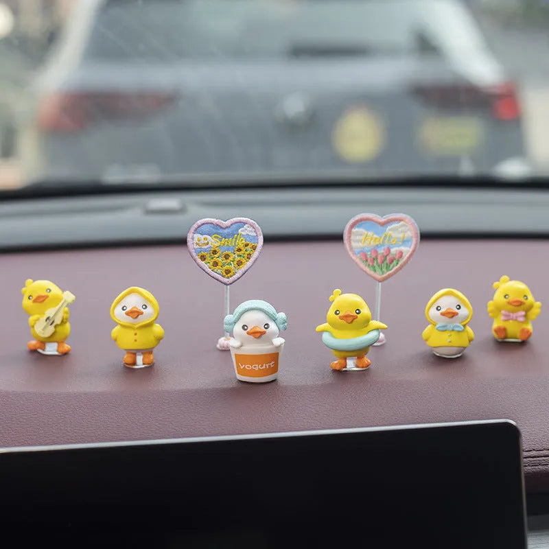 PVC duckling car decoration set with six cartoon ducks and welcome sign for vehicle interior