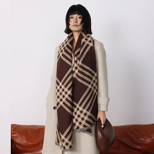 Long brown imitation cashmere scarf with tassels laid flat, showing its 185cm length.