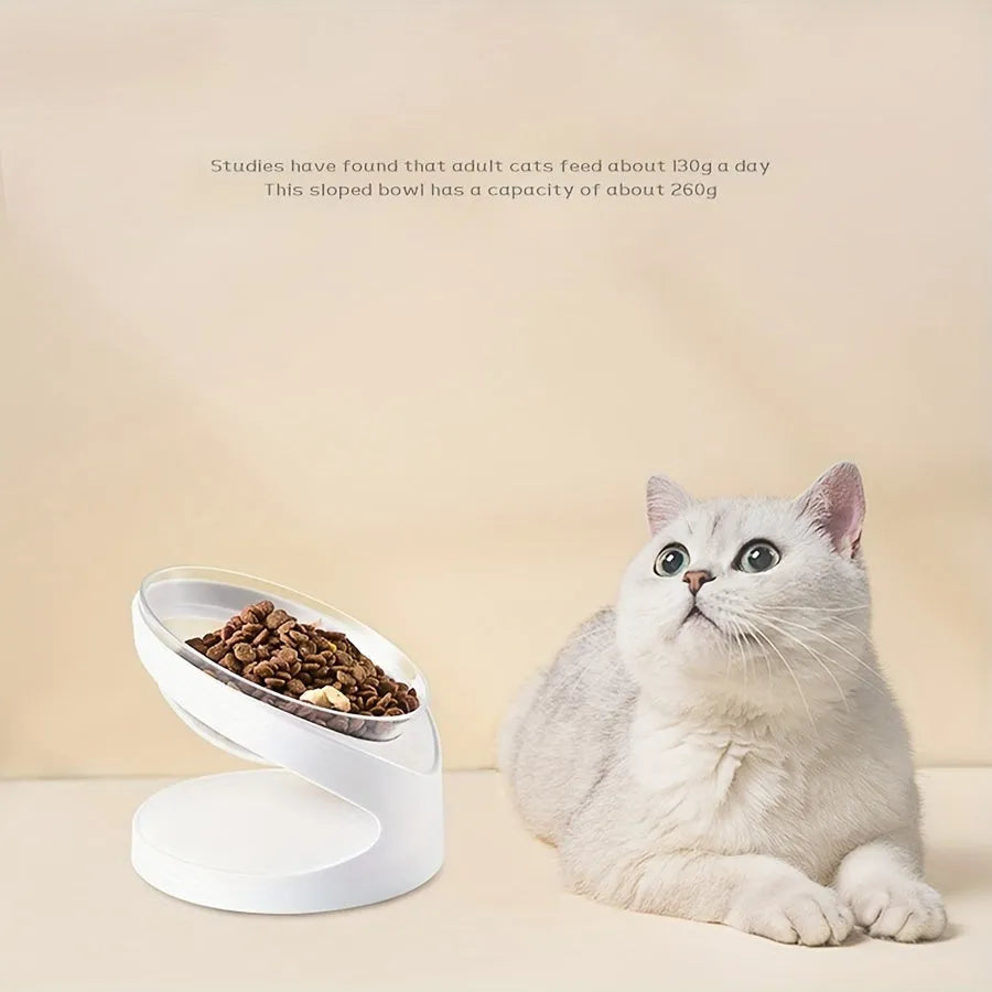 White elevated plastic cat food bowl with a slanted design for comfortable feeding.