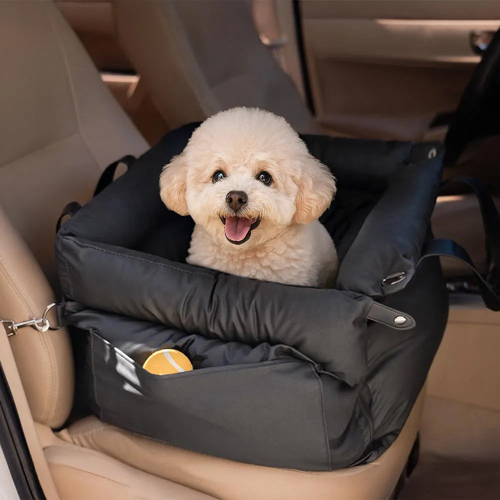 Green waterproof dog car nest with removable washable cover on a car seat