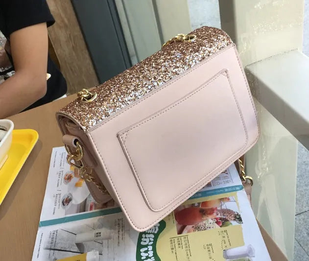 Women's small square sequined PU tote bag with lock closure and adjustable shoulder strap in pink, wathet, and black