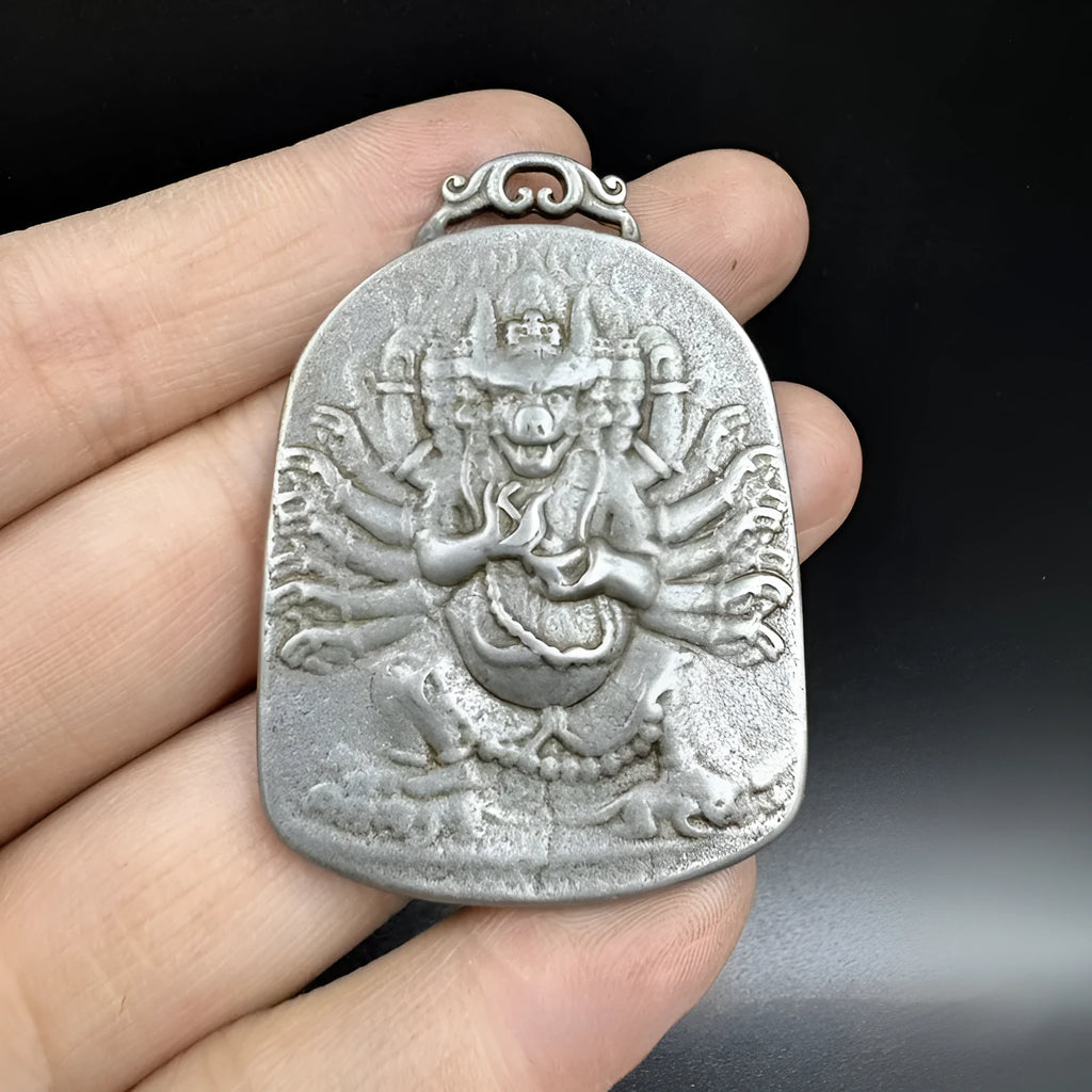 Chinese iron pendant with Aryaacalanatha and Yamantaka geometric designs as hanging wall ornament