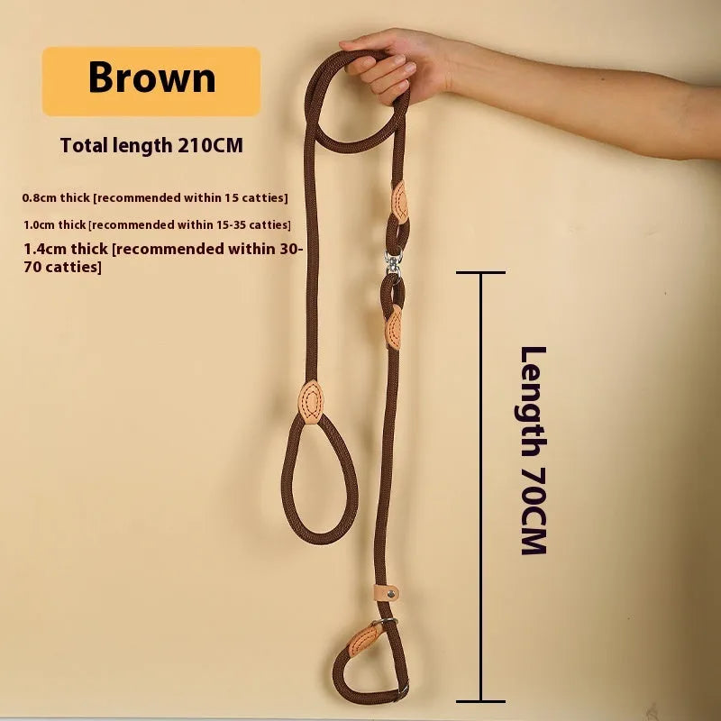 Brown nylon P-chain dog leash with hand-holding rope, 2.1 metres long