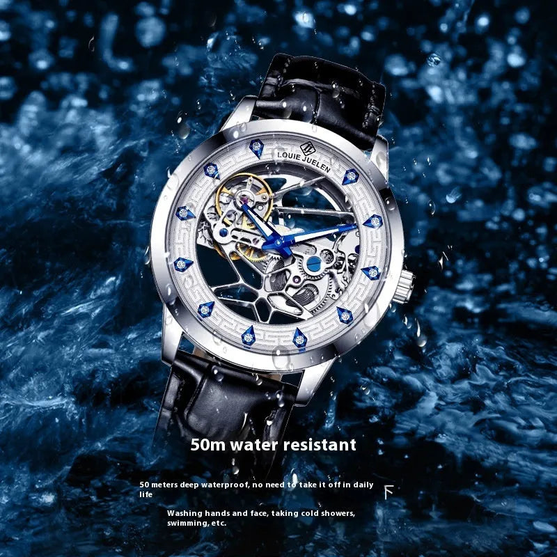 Men's silver case mechanical watch with black genuine leather strap and business styling