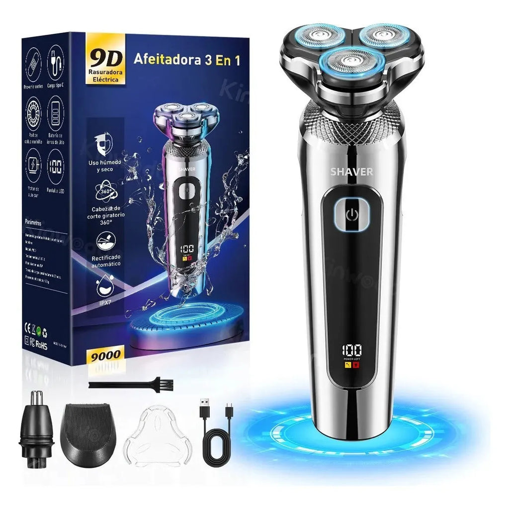 Digital USB rechargeable beard trimmer with LED display on its five-in-one base bracket
