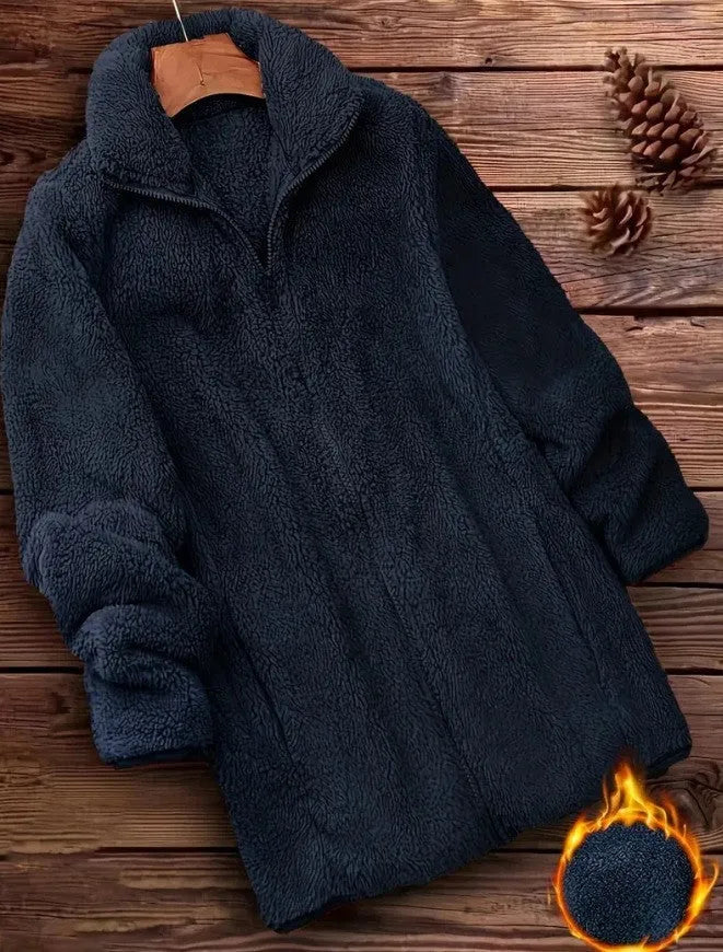 Man's black double-sided fleece jacket with a fleece lining, showing front view.