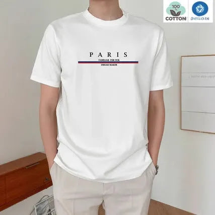Heavyweight men's short-sleeve t-shirt with large letter print in apricot colour, showing loose fit.