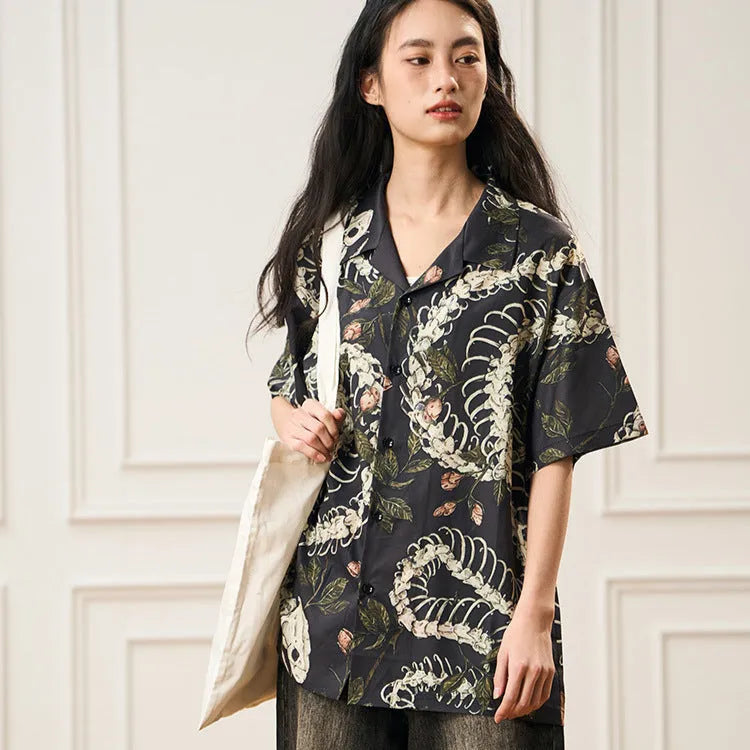 Men's snake bone pattern printed short sleeve Cuban collar shirt in loose cardigan style