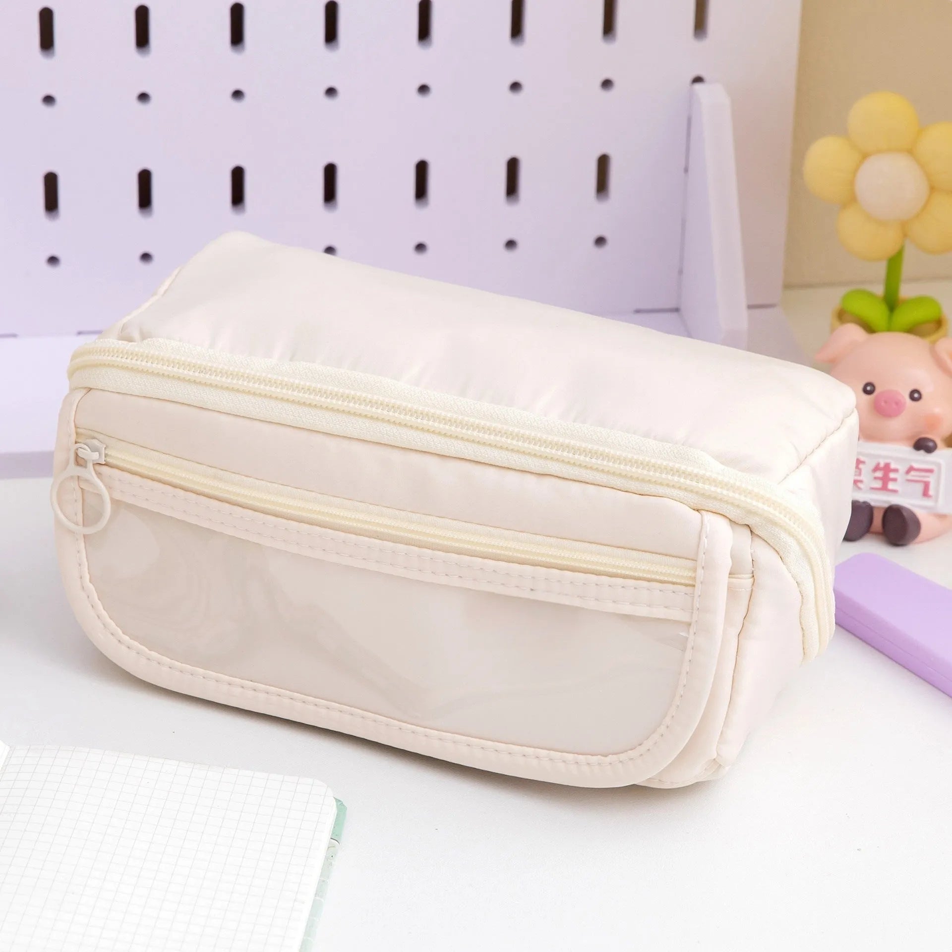 Korean-style canvas pencil case with a ten-layer flip design shown in various colours.