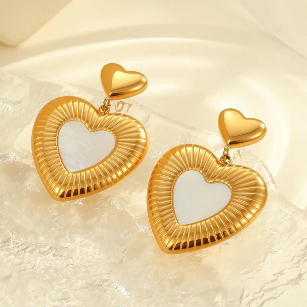 Heart-shaped stainless steel women's earrings with gold electroplated finish and love motifs