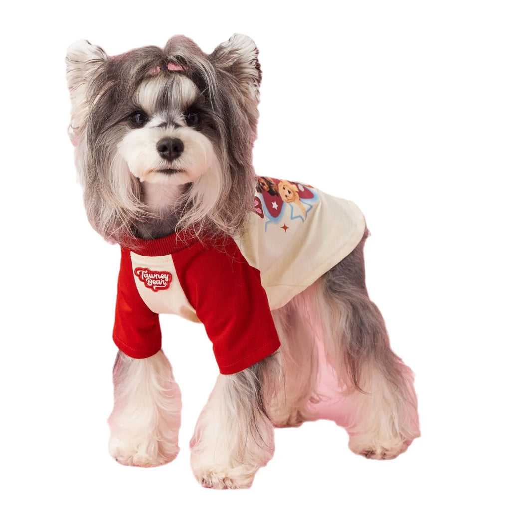 Cotton summer dog clothes with contrast embroidery in red and pink colours